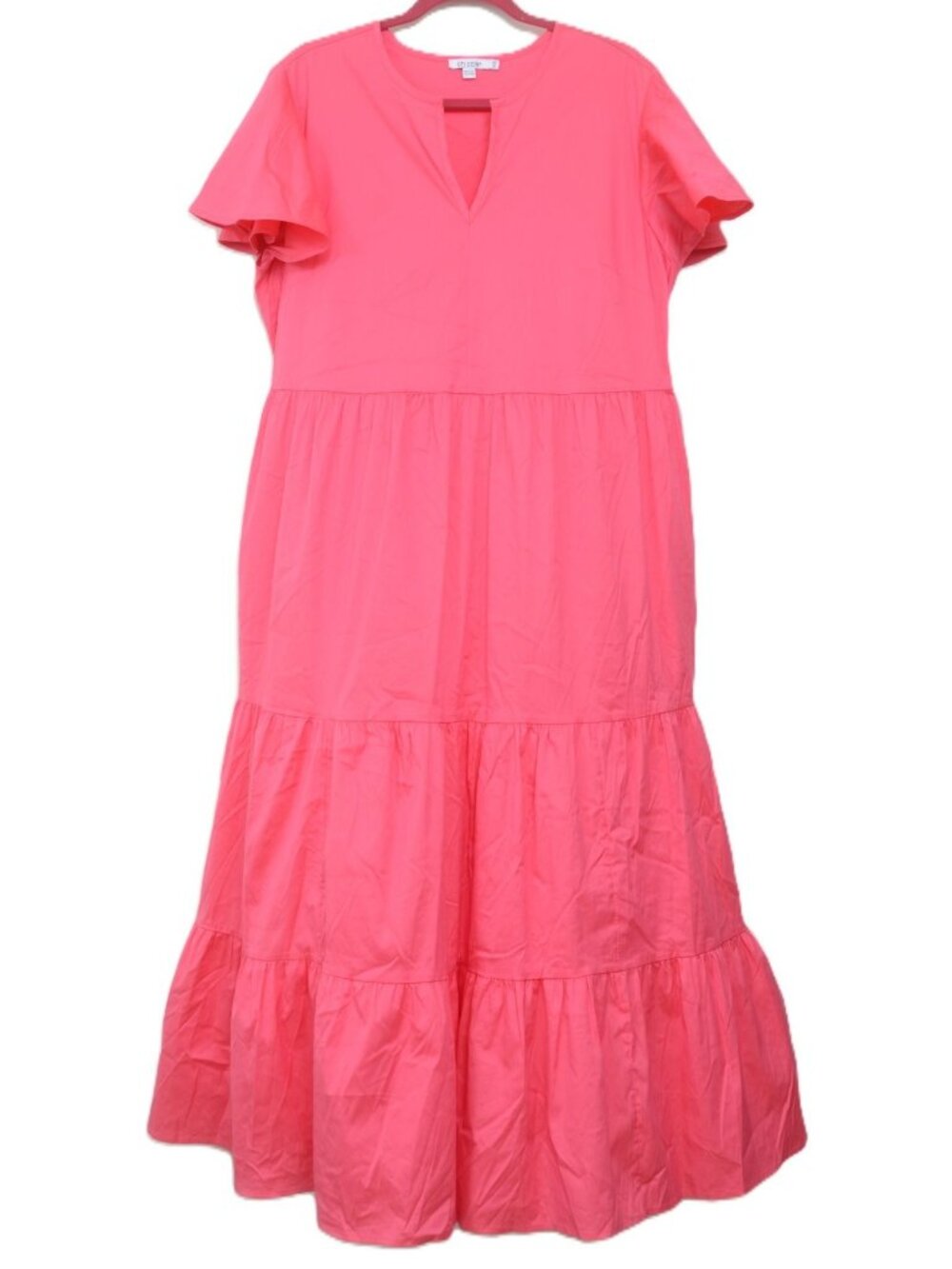 NWT Chico's PLUS 14 Strawberry Pink Tiered Pockets Flutter Sleeve Maxi Dress